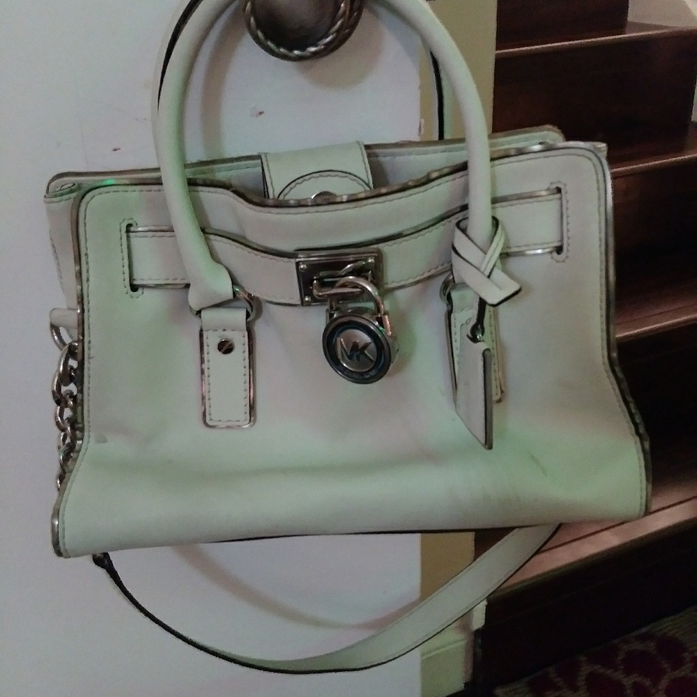 Michael Kors White Leather Tote Purse With Silver